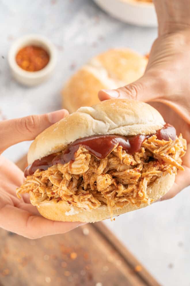 BBQ Pulled Chicken being held up  