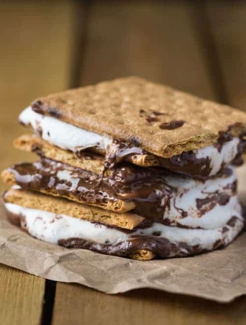 Stack of campfire smores on a napkin