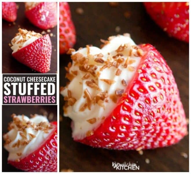 photos of cheesecake strawberries in a collage