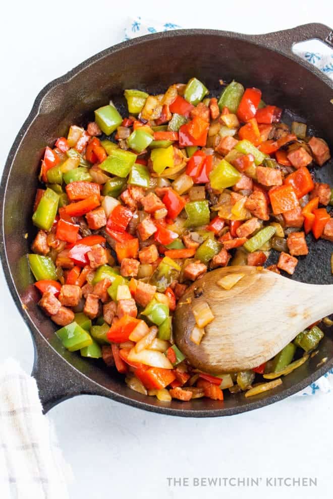 Filling for chorizo breakfast tacos in a cast iron skillet