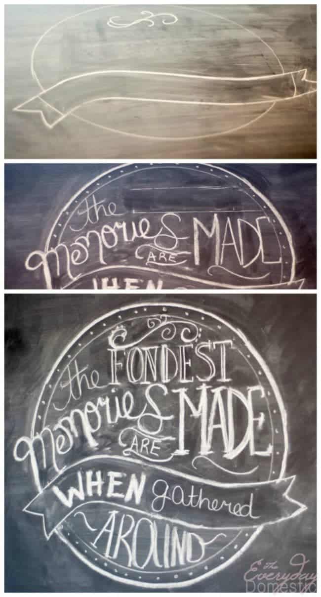 large step by step of chalkboard art with a cute saying