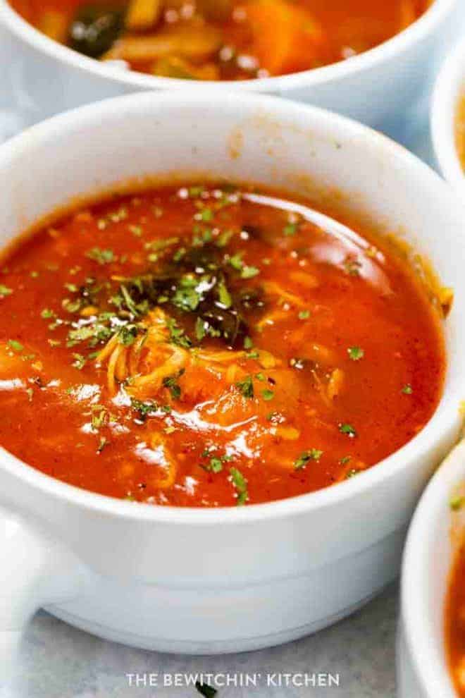 Close up of Instant Pot chicken and vegetable soup in a serving bowl