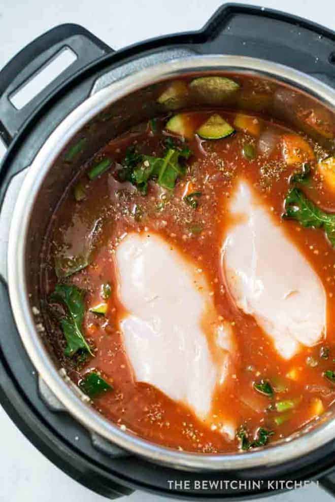 Chicken veggie soup prior to being cooked in the Instant Pot