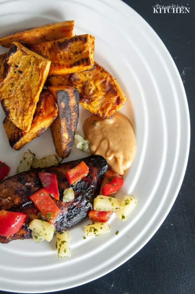 Top view of Caribbean Jerk Chicken meal on a plate