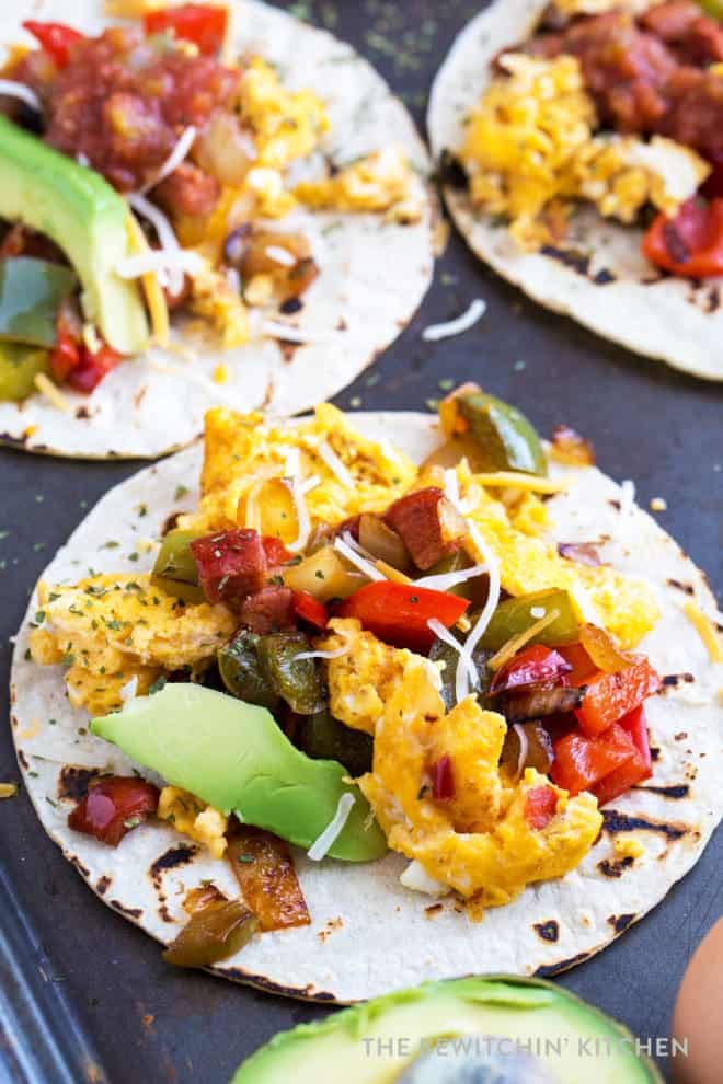 taco breakast laid out on a pan