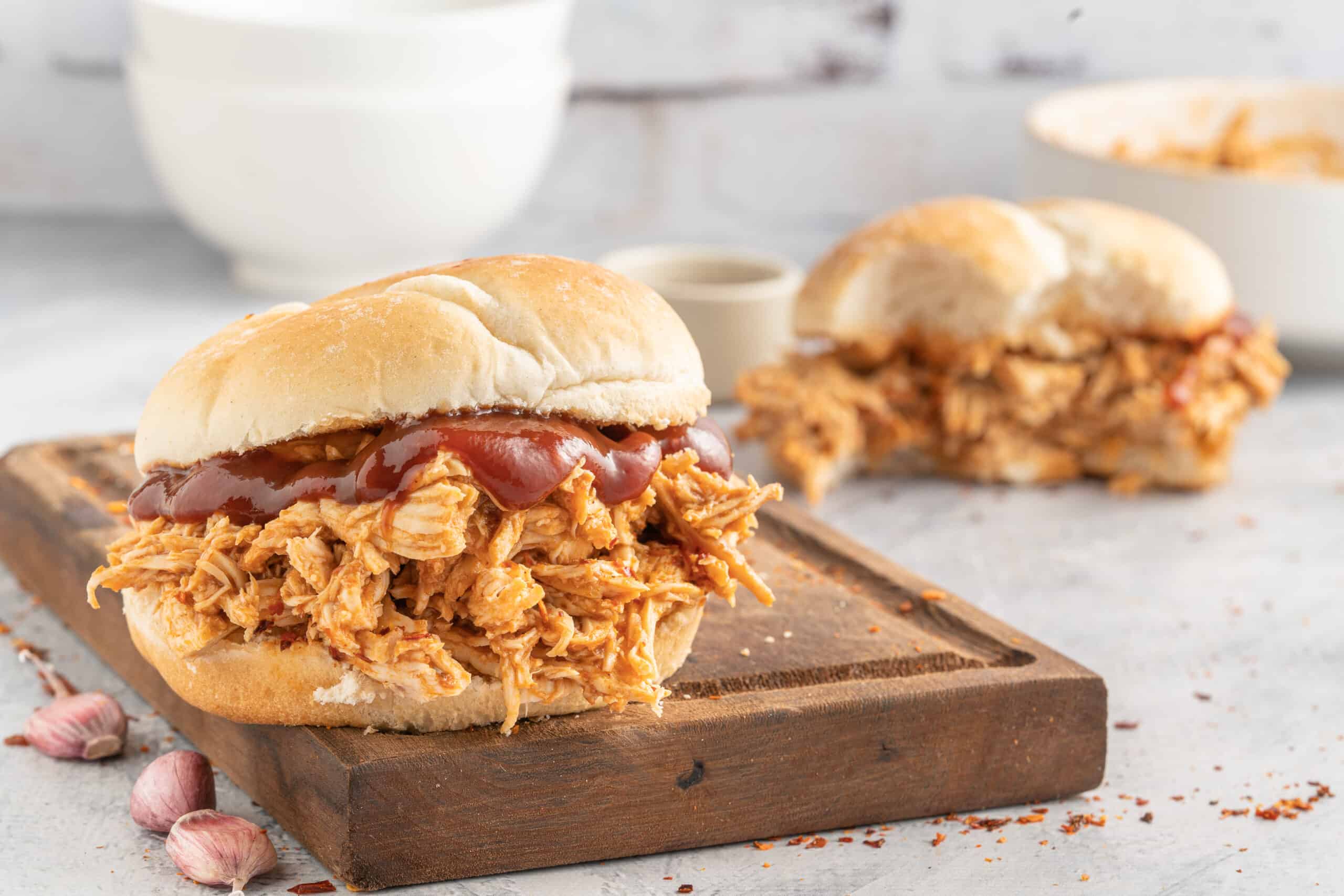 Pulled chicken presented on a board 