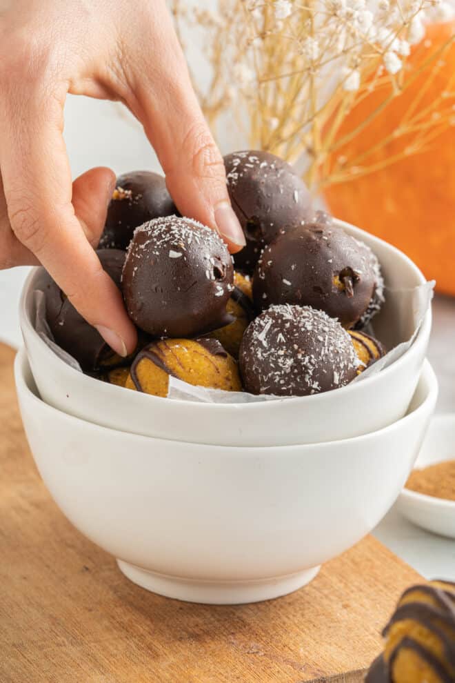 Pumpkin spice truffles in a bowl