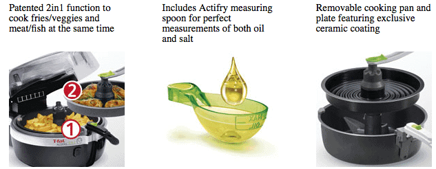 Tfal actifry highlights in 3 photos. 1 shows t fal air fryer's 2 compartments, one depicting the oil used, and one showing the ceramic coating