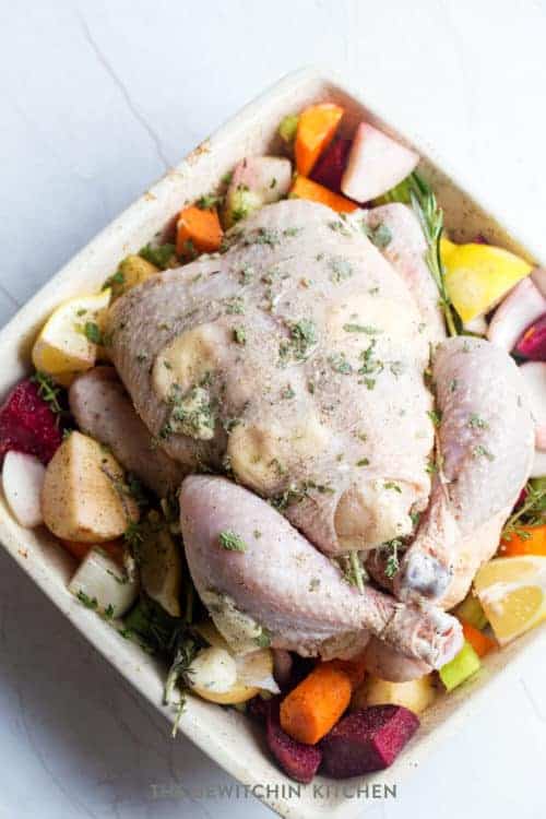 preparation of baked chicken and vegetables