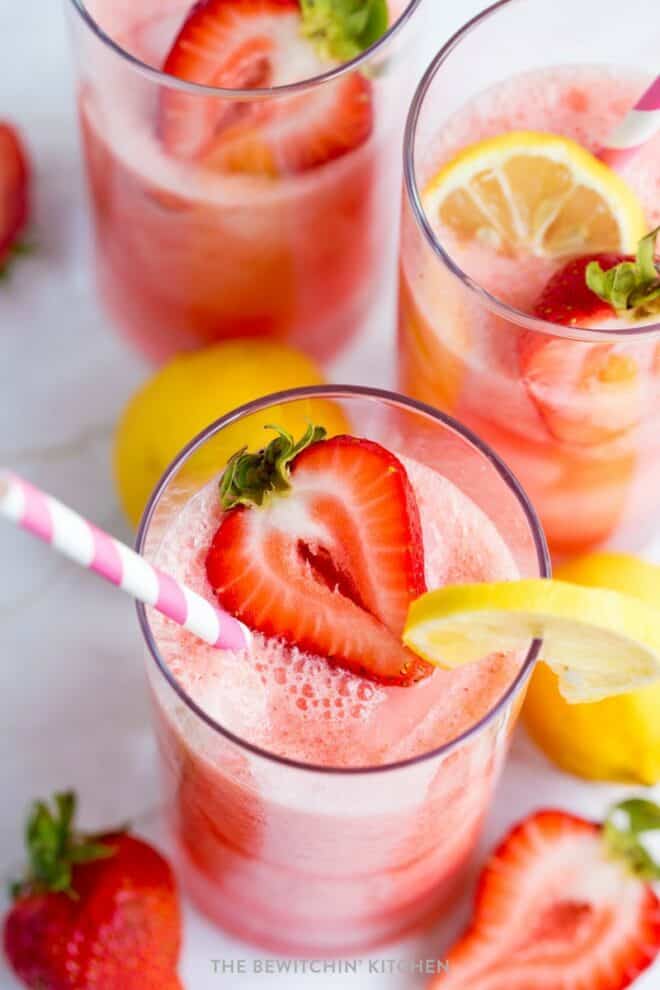 Top view of 3 glasses of blended strawberry lemonade