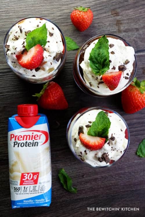 Top view of 3 high protein pudding parfaits