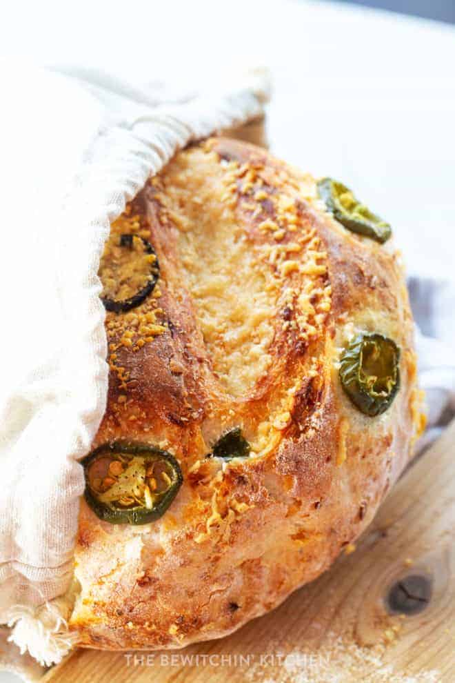 Jalapeno bread recipe is baked in a Dutch oven bread bag