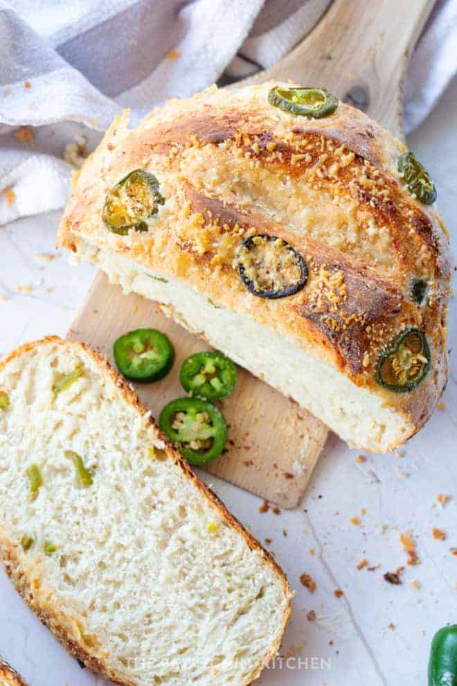 Top view of a sliced loaf of jalapeno bread