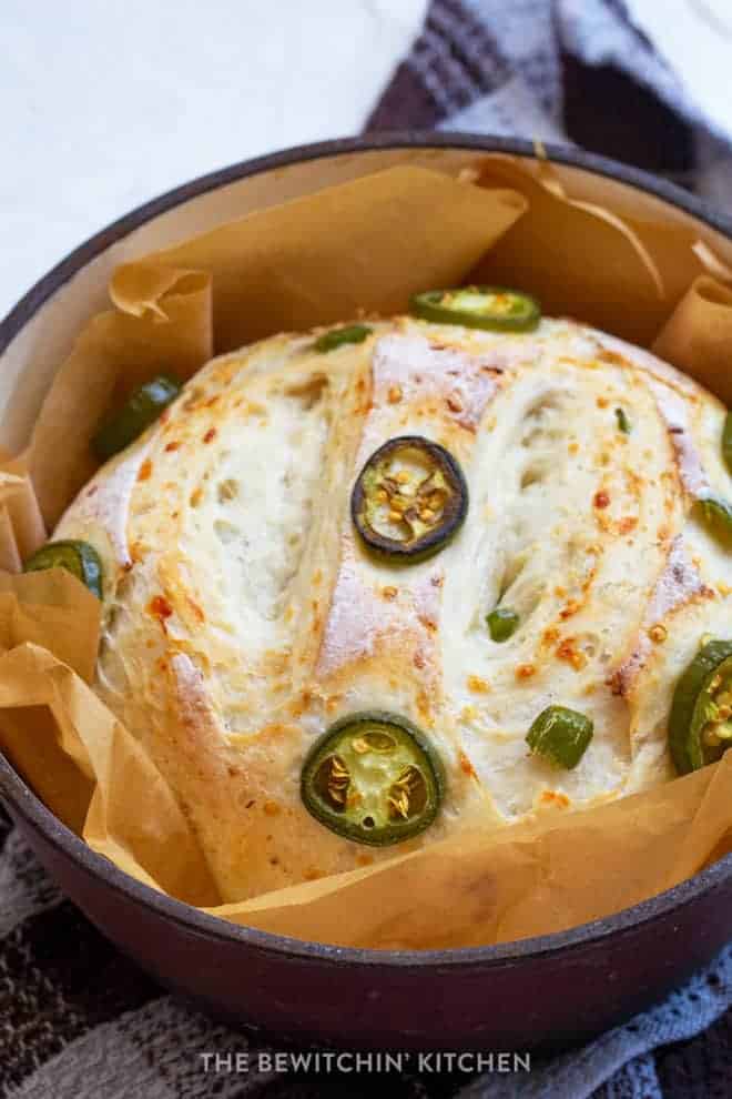 Baked jalapeno bread in a Dutch oven