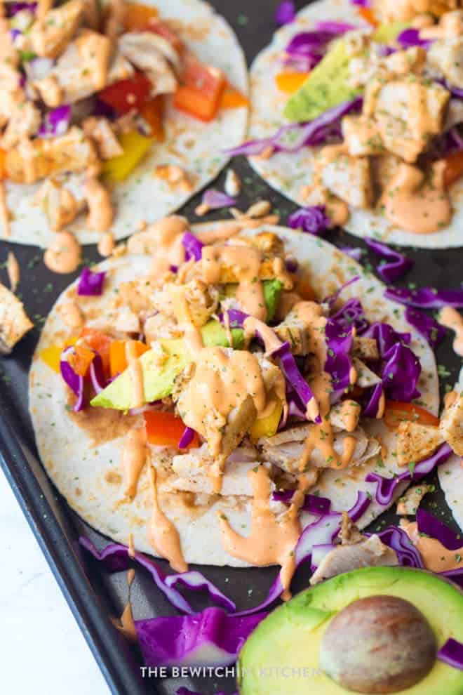 close up of leftover chicken tacos recipe and dressing