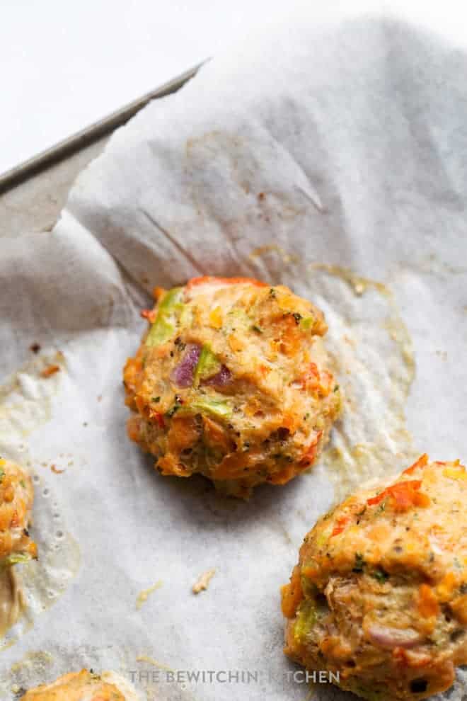 Close up of low carb turkey meatballs on parchment paper