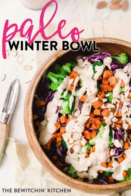 Top view of winter paleo bowls with dressing