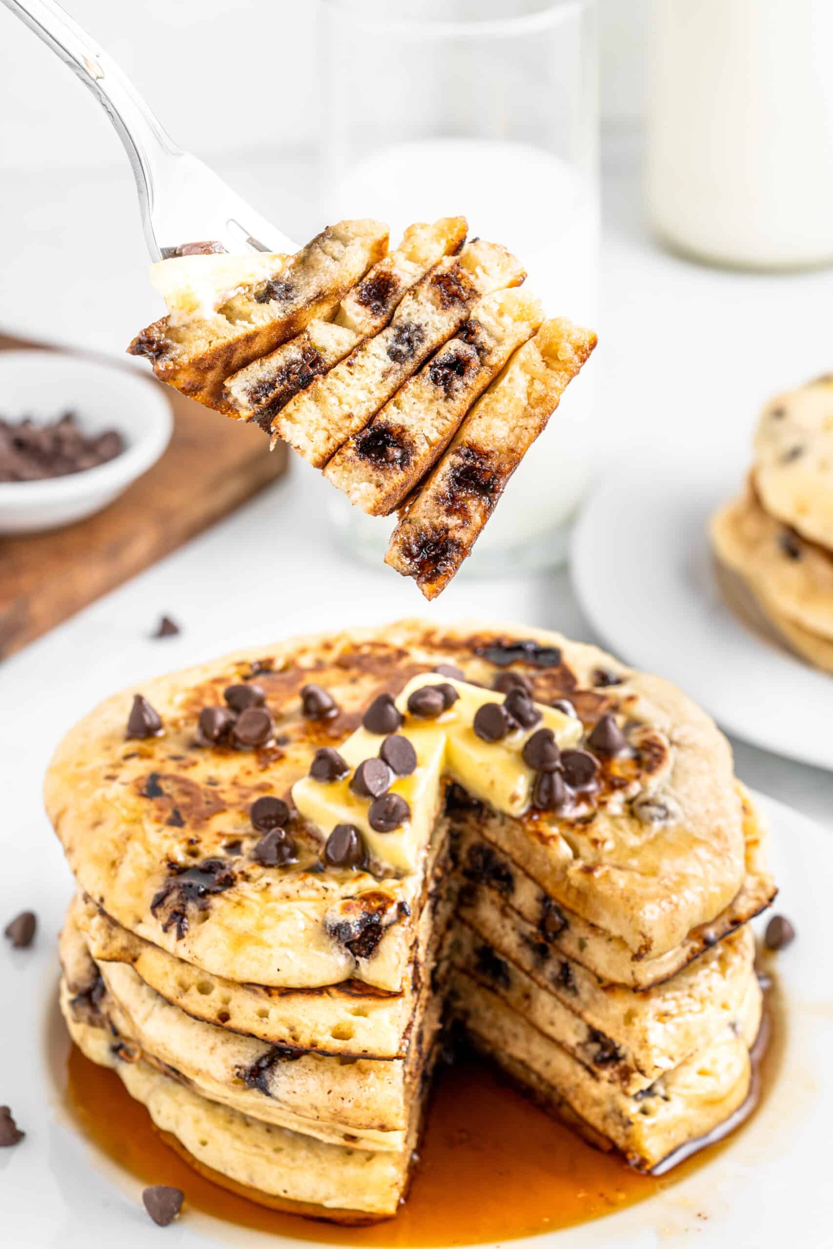 Stacked Chocolate Chip Pancakes 

