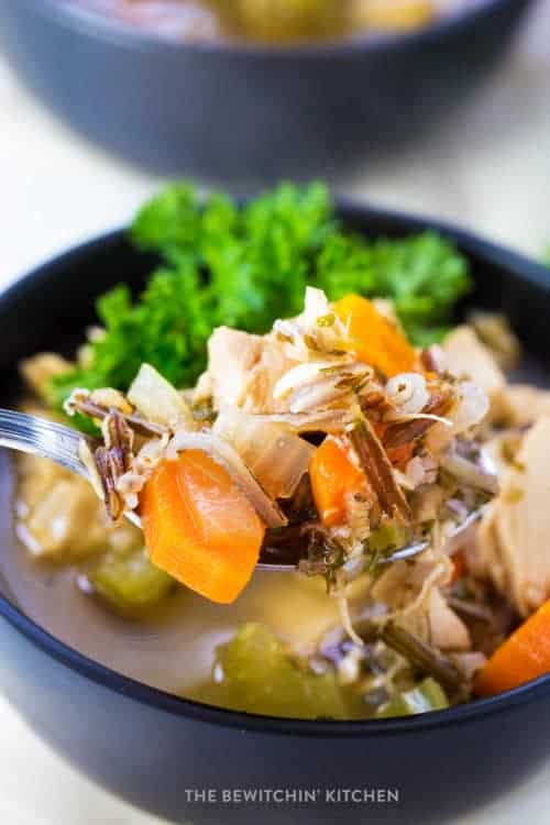 chicken wild rice soup is healthy - close up of a spoonful