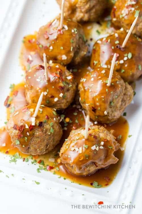 Curry chicken meatballs on a serving platter