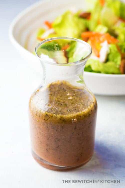 Clean salad dressing in a decanter.