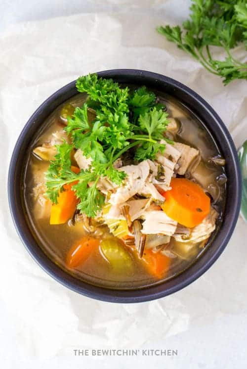 top view of a bowl of healthy chicken and wild rice soup