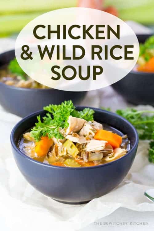 Photo of healthy chicken wild rice soup with overlay texted reading 