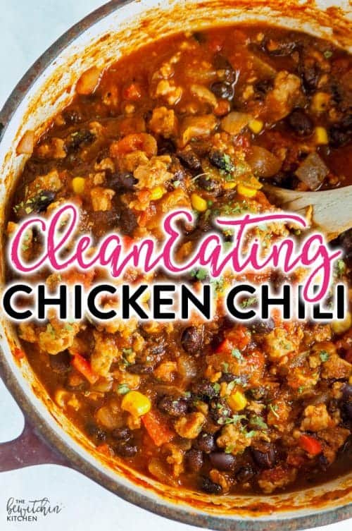 Photo of ground chicken chili in a pot with overlay text reading 
