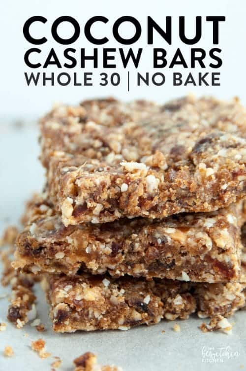 Stack of 3 date bars with overlay text reading 'coconut cashew bars' 