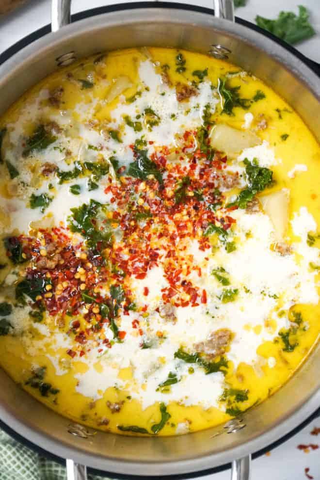 top view of a pot a Zuppa Toscana, one of many popular copycat Olive Garden recipes