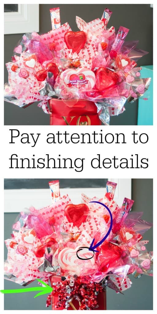 Finishing details really make the homemade candy bouquet. 