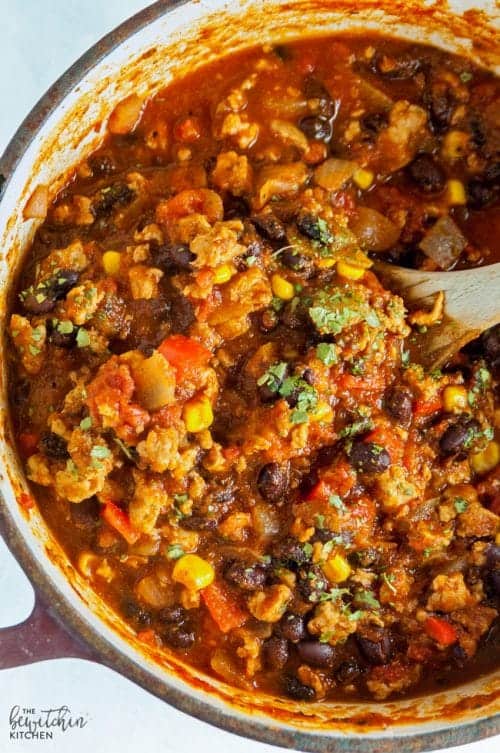 Top view of a pot of this healthy chicken chili recipe