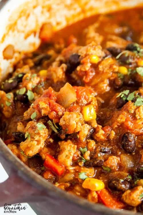 Close up of prepared healthy chicken chili