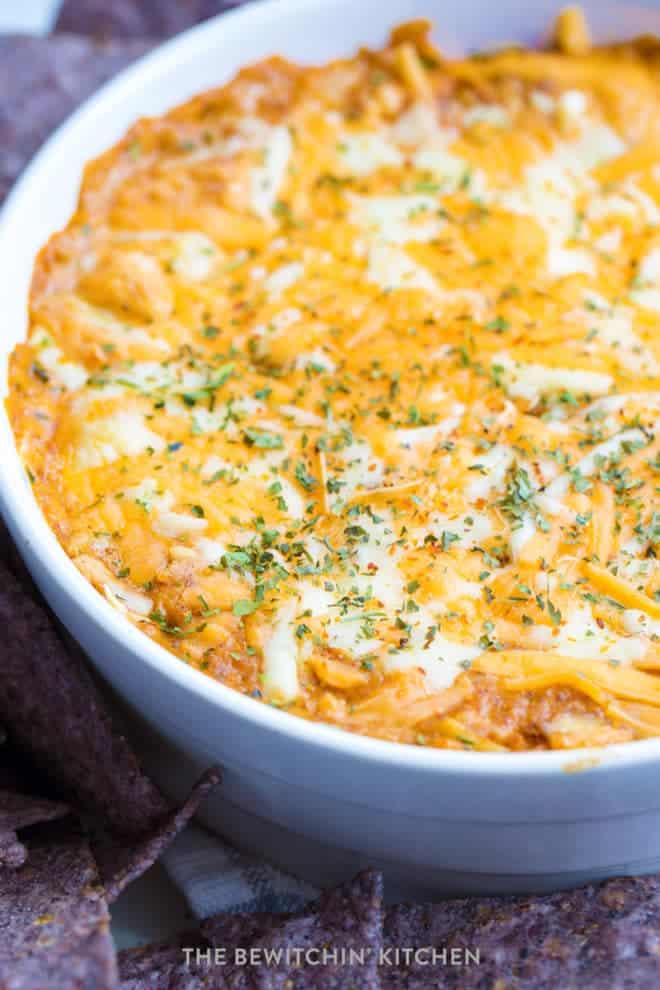 Close up of baked taco dip.