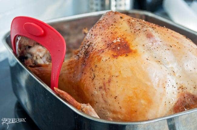 perfectly roasted turkey in a roasting pan. 