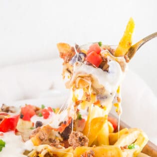 Chili Cheese Fries on a fork