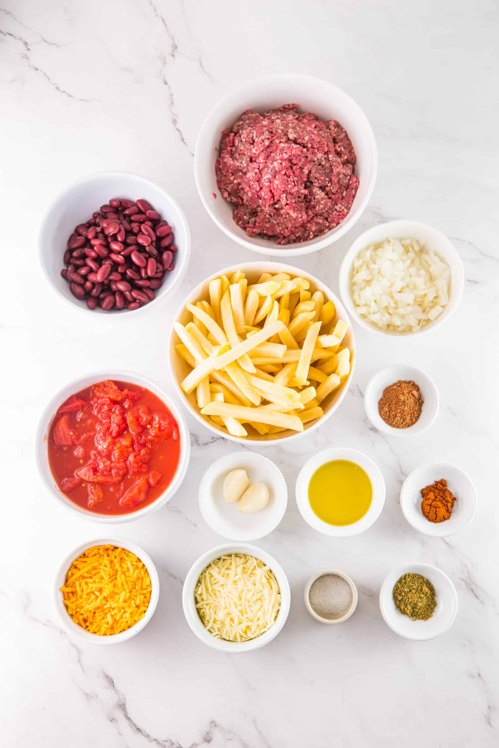 Key ingredients to Chili Cheese fries 
