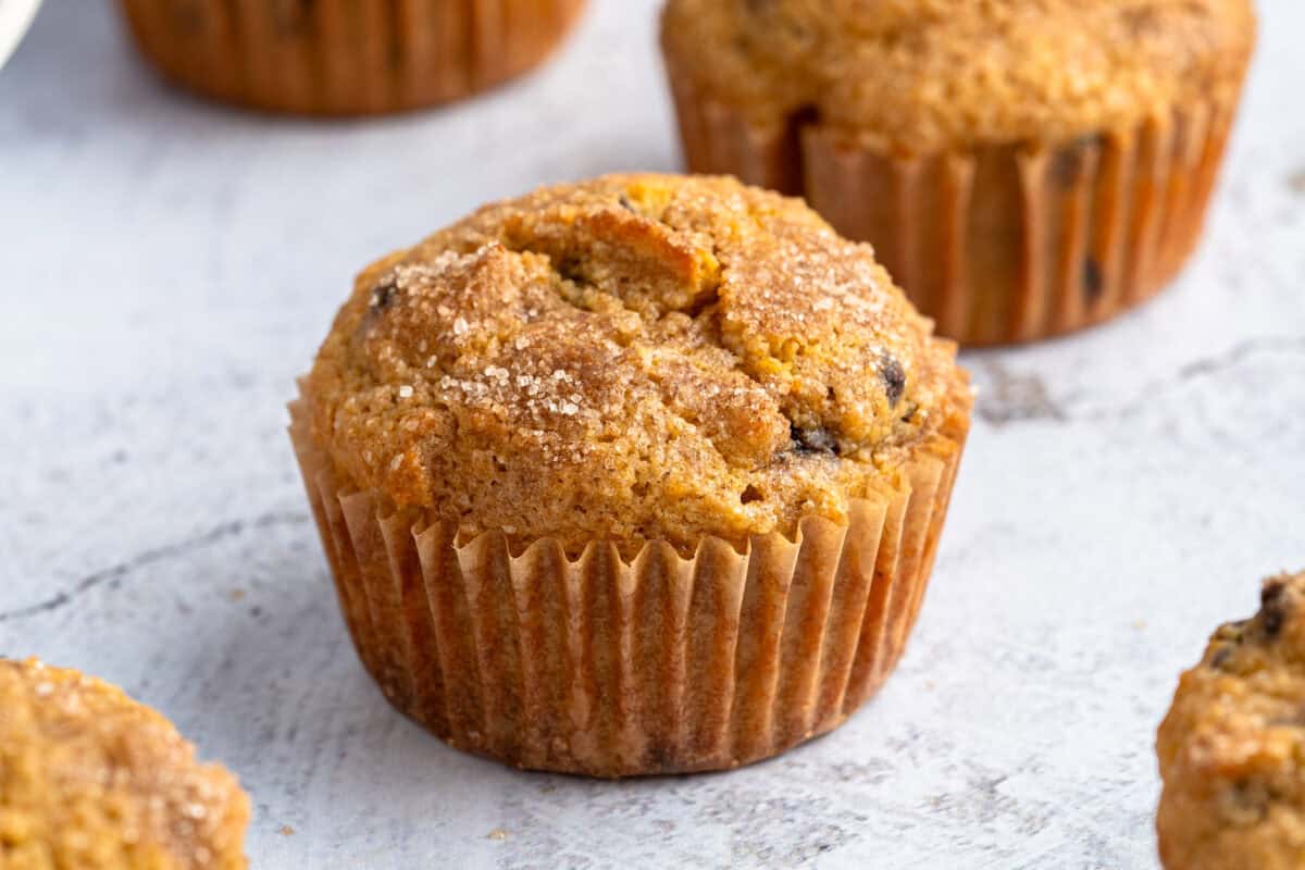 Closeup of one pumpkin muffin that is gluten free