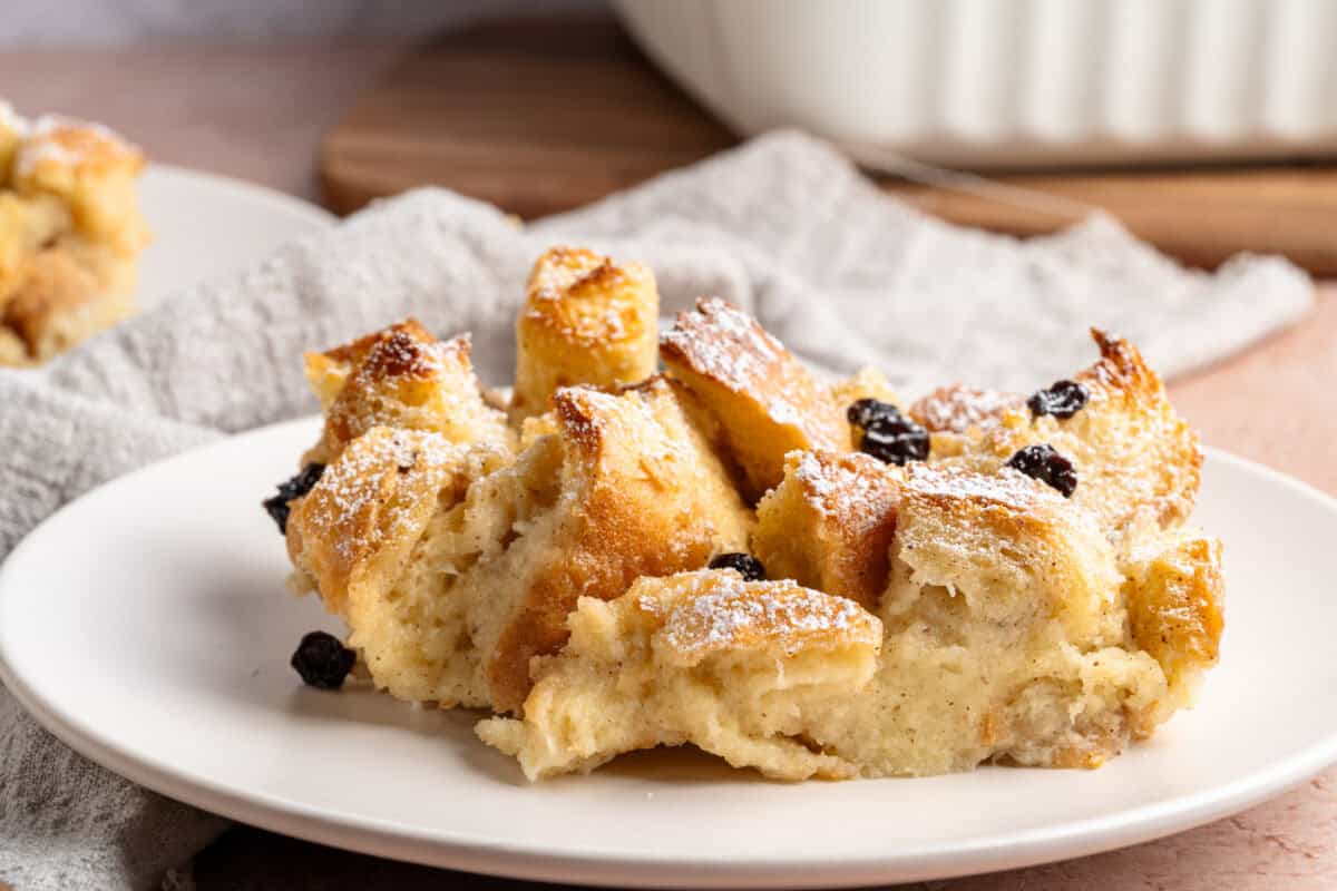 Closeup of a slice of bread pudding