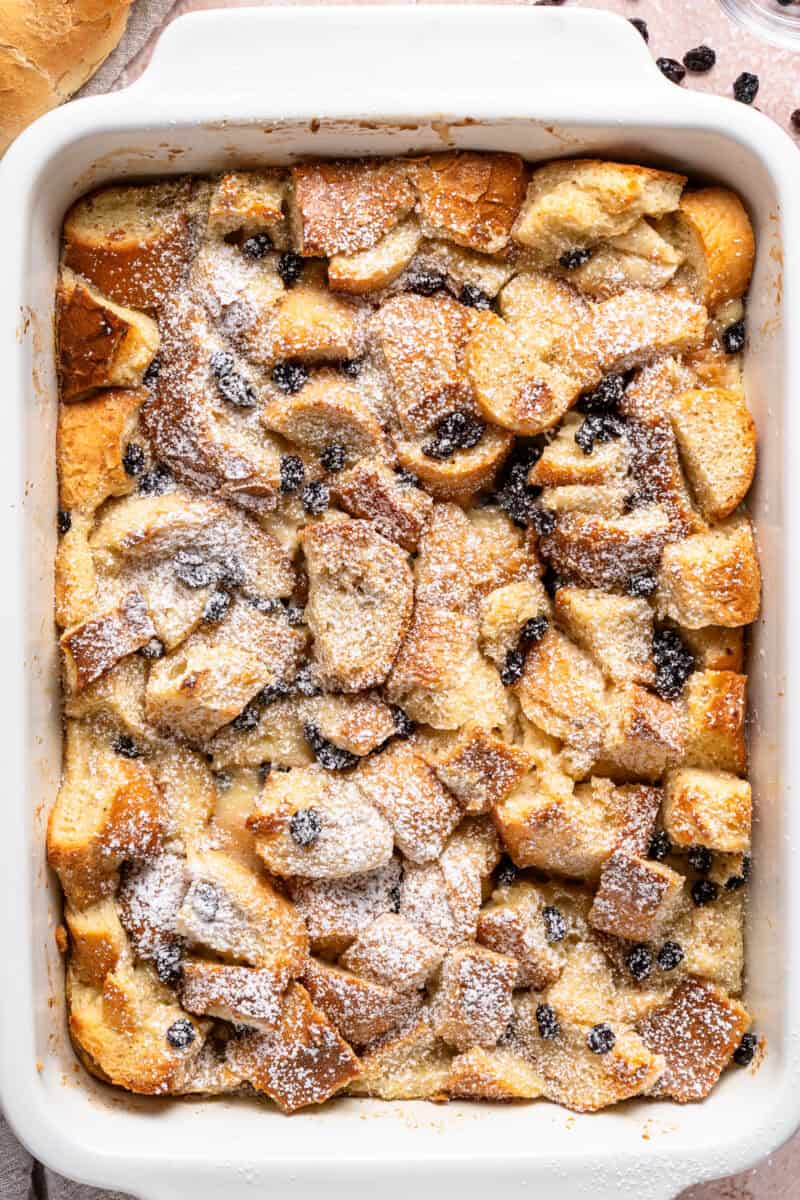Baked bread pudding with rum sauce